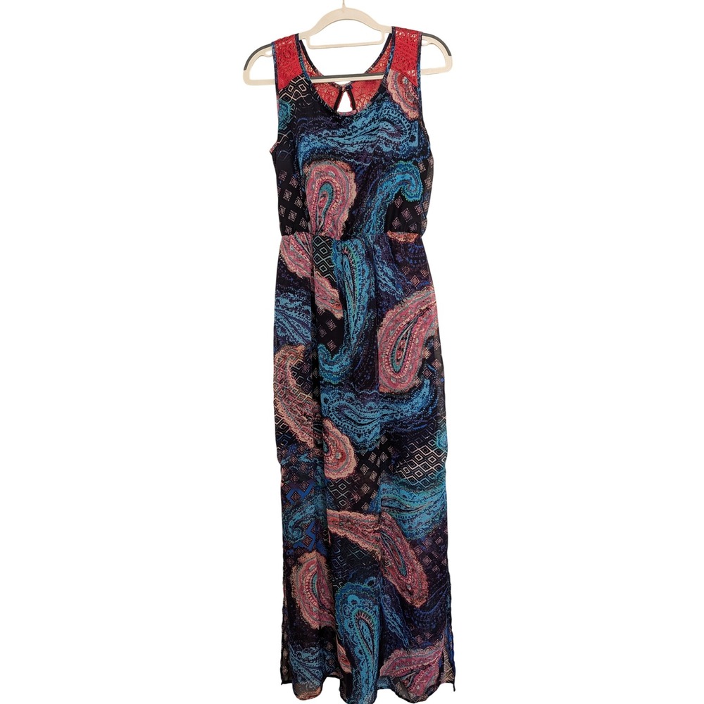 Maurices Womens Paisley Maxi Dress Blue Pink‎ Red Crochet Lace Back Size M